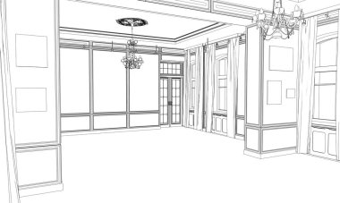 Siyah ve beyaz çizgili iç mekan görselleştirmesi, 3D illüstrasyon 