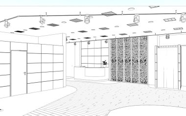 Siyah ve beyaz çizgili iç mekan görselleştirmesi, 3D illüstrasyon 