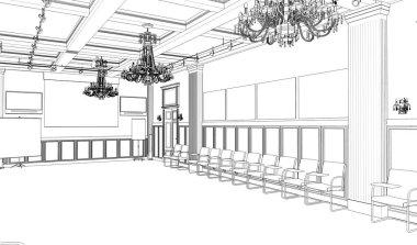 Siyah ve beyaz çizgili iç mekan görselleştirmesi, 3D illüstrasyon 