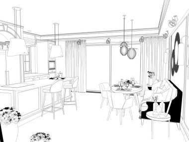 Siyah ve beyaz çizgili iç mekan görselleştirmesi, 3D illüstrasyon 