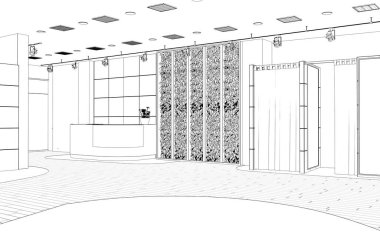 Siyah ve beyaz çizgili iç mekan görselleştirmesi, 3D illüstrasyon 