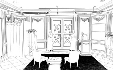 Siyah ve beyaz çizgili iç mekan görselleştirmesi, 3D illüstrasyon 