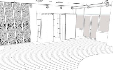 Siyah ve beyaz çizgili iç mekan görselleştirmesi, 3D illüstrasyon 