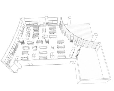 Siyah ve beyaz çizgili iç mekan görselleştirmesi, 3D illüstrasyon 