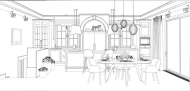 Siyah ve beyaz çizgili iç mekan görselleştirmesi, 3D illüstrasyon 