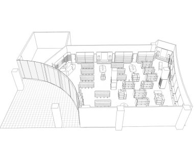 Siyah ve beyaz çizgili iç mekan görselleştirmesi, 3D illüstrasyon 
