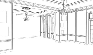 Siyah ve beyaz çizgili iç mekan görselleştirmesi, 3D illüstrasyon 