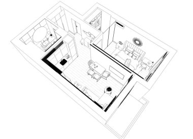 Siyah ve beyaz çizgili iç mekan görselleştirmesi, 3D illüstrasyon 