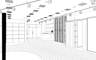 Siyah ve beyaz çizgili iç mekan görselleştirmesi, 3D illüstrasyon 