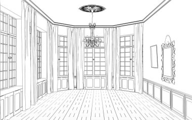 Siyah ve beyaz çizgili iç mekan görselleştirmesi, 3D illüstrasyon 