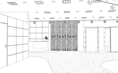 Siyah ve beyaz çizgili iç mekan görselleştirmesi, 3D illüstrasyon 