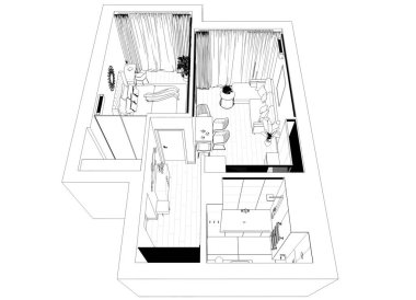 Siyah ve beyaz çizgili iç mekan görselleştirmesi, 3D illüstrasyon 