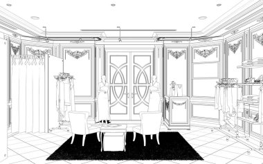 Siyah ve beyaz çizgili iç mekan görselleştirmesi, 3D illüstrasyon 