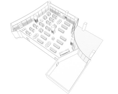 Siyah ve beyaz çizgili iç mekan görselleştirmesi, 3D illüstrasyon 