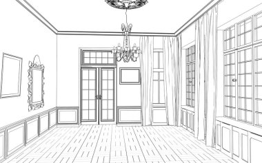 Siyah ve beyaz çizgili iç mekan görselleştirmesi, 3D illüstrasyon 