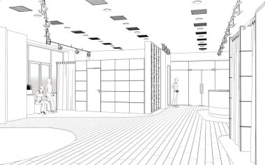 Siyah ve beyaz çizgili iç mekan görselleştirmesi, 3D illüstrasyon 