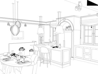 Siyah ve beyaz çizgili iç mekan görselleştirmesi, 3D illüstrasyon 