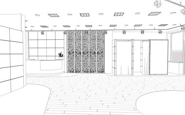 Siyah ve beyaz çizgili iç mekan görselleştirmesi, 3D illüstrasyon 