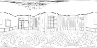 Siyah ve beyaz çizgili iç mekan görselleştirmesi, 3D illüstrasyon 