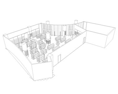 Siyah ve beyaz çizgili iç mekan görselleştirmesi, 3D illüstrasyon 