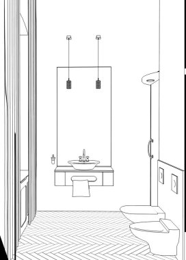 Siyah ve beyaz çizgili iç mekan görselleştirmesi, 3D illüstrasyon 