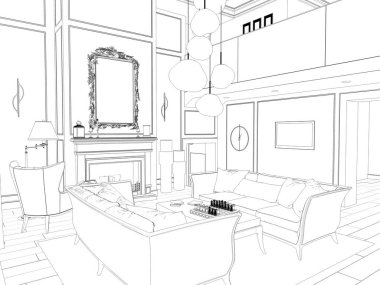 Siyah ve beyaz çizgili iç mekan görselleştirmesi, 3D illüstrasyon 