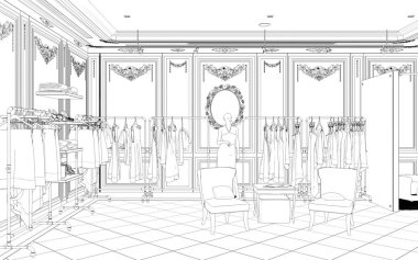 Siyah ve beyaz çizgili iç mekan görselleştirmesi, 3D illüstrasyon 