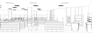 Siyah ve beyaz çizgili iç mekan görselleştirmesi, 3D illüstrasyon 