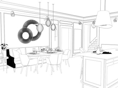 Siyah ve beyaz çizgili iç mekan görselleştirmesi, 3D illüstrasyon 