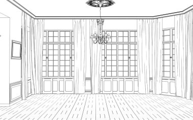 Siyah ve beyaz çizgili iç mekan görselleştirmesi, 3D illüstrasyon 