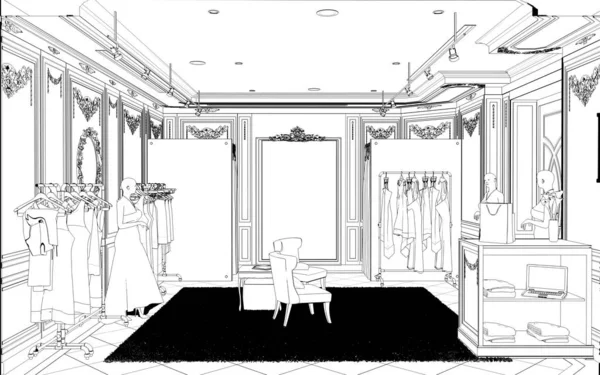 Black and white lined store interior visualization, 3D illustration