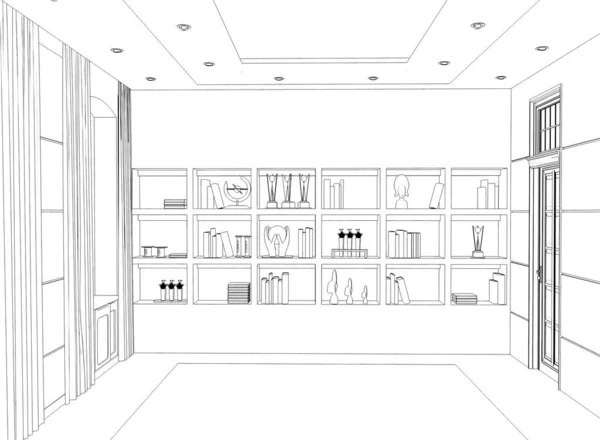 Visualización Interior Tienda Forrada Blanco Negro Ilustración —  Fotos de Stock