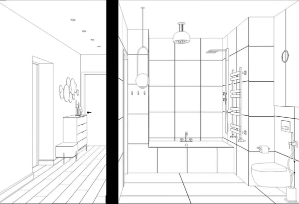 黑白内衬商店内部可视化 3D插图 — 图库照片