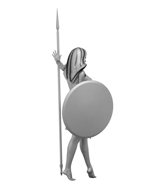 Grey Model Warrior Girl Spear Shield — Stock Photo, Image