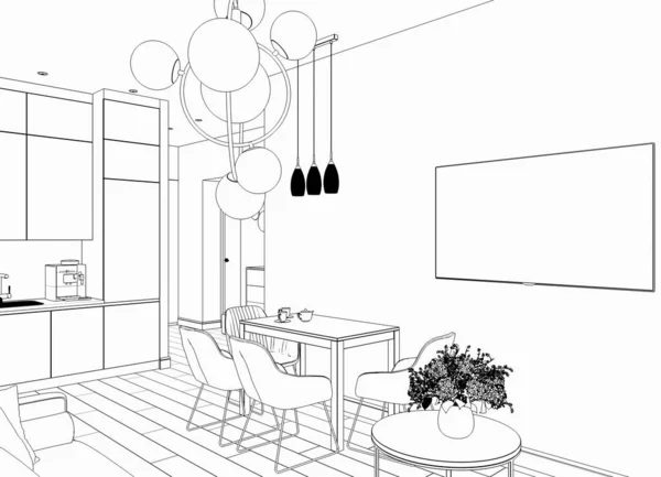 Black White Lined Store Interior Visualization Illustration — Stock Photo, Image