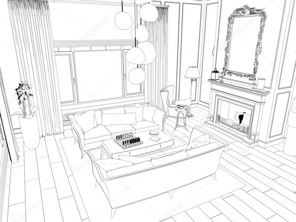 Black and white lined store interior visualization, 3D illustration 