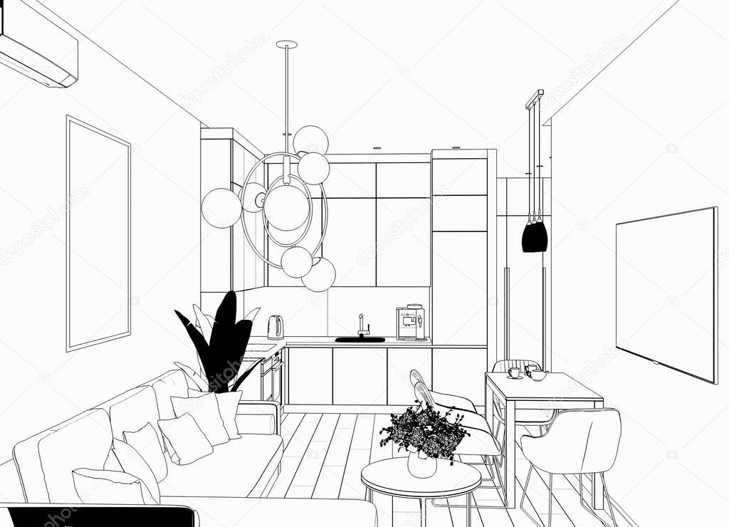 Black and white lined store interior visualization, 3D illustration 