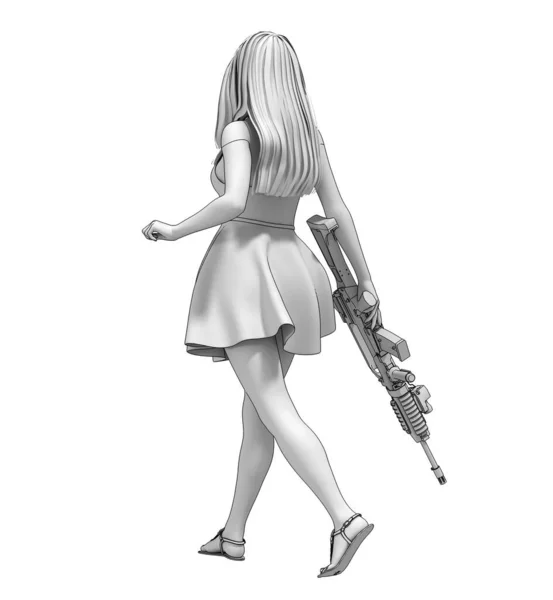 魅力的な若いです女性ポージングとともに武器3Dイラスト — ストック写真
