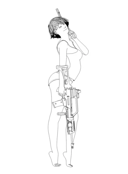 Иллюстрация Соблазнительной Женщины Позирующей Оружием — стоковое фото