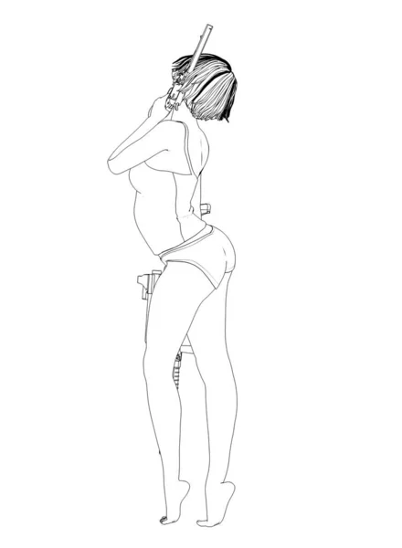 Ilustracja Uwodzicielskiej Kobiety Pozującej Bronią — Zdjęcie stockowe