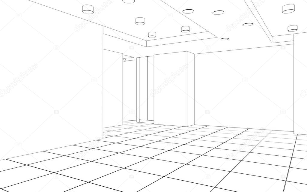 Interior visualization, 3D sketch illustration 