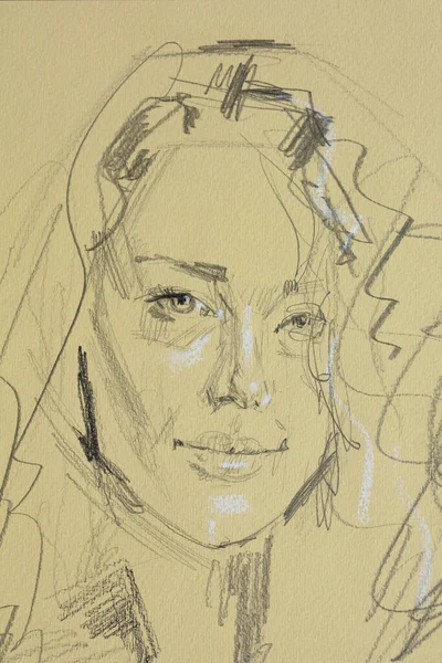 Dessin Crayon Jeune Femme Portrait Féminin — Photo