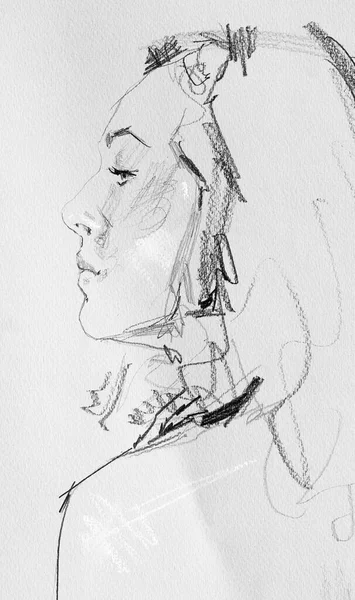 Dessin Crayon Jeune Femme Portrait Féminin — Photo