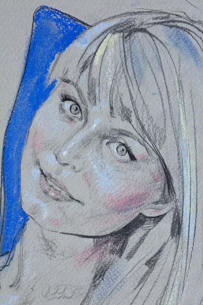 Dessin Crayon Jeune Femme Portrait Féminin — Photo