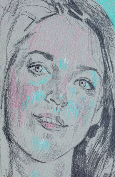 Dessin Crayon Jeune Femme Portrait Féminin — Photo