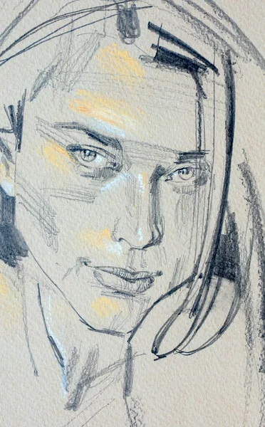 Dessin Crayon Jeune Femme Portrait Féminin — Photo