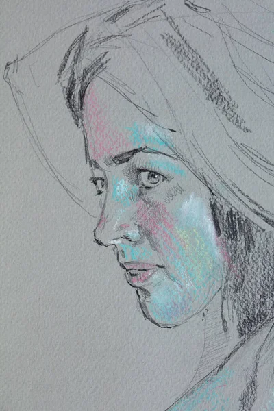 Dessin Crayon Jeune Femme Portrait Féminin — Photo