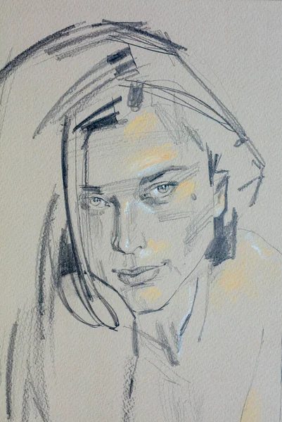 Dessin Crayon Jeune Femme Portrait Féminin — Photo