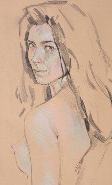 Çekici genç bir kadınla suluboya resim