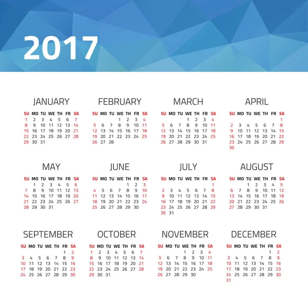 Calendario 2017 año — Vector de stock